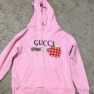 Gucci Pink Hoodie with Red Apple Patch and Green-Red Stripe